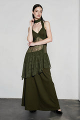 Lace Trim Sheer Waist Tie Cami Maxi Lace Dress