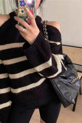 Striped Cutout Shoulder Knit Sweater