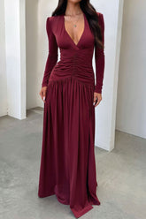 Deep V Ruched Long Sleeve Slit Fitted Waist Maxi Dress