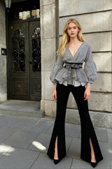 Spring Women's Bow Pants Lantern Flare Black + Striped Split Warm-Season Blouse Arm Arm Set