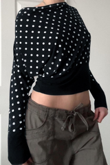Polka Dot Print Slim Crop Waist Long Sleeve Crop Top