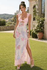 Sexy Lace Panel Cutout Slit Slim Long Floral Dress