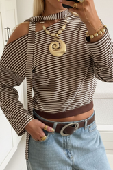 Striped Asymmetric Neck Wrap Retro Color Block Crop Top