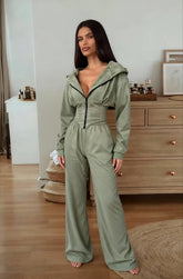 Hooded Drawstring Two Piece Pants Set