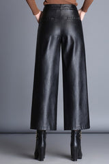 High Waisted Cropped Wide Leg PU Leather Pants