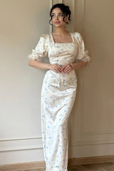 Satin Puff Sleeve Floral Dress