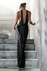 Chic Sexy Deep V Halter Backless Satin Ribbon Formal Dress