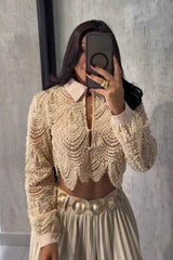 Embroidered Lace Beaded Long Sleeve Top