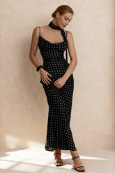 Elegant Polka Dot Cowl Neck Maxi Dress