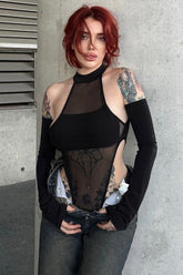 Mesh Cutout Stretch Long Sleeve Sexy Bodysuit