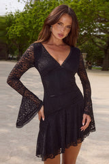 V Neck Bell Sleeve Pleated Mini Lace Dress