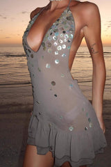 Halter Backless Sequin Ruffle Trendy Mini Sequin Dress