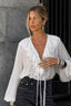 Lantern Sleeve Ruffled V Neck Tie Waist Elegant Blouse