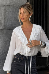 Lantern Sleeve Ruffled V Neck Tie Waist Elegant Blouse