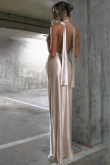 Chic Sexy Deep V Halter Backless Satin Ribbon Formal Dress