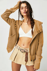 Quilted Panel Zip Up Cropped Hoodie
