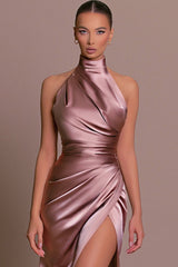Elegant Stand Collar Halter Sleeveless Slit Formal Dress