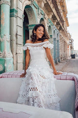 Ruffled Cutout Off Shoulder Flare Lace Maxi Boho Dress