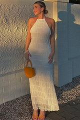 Backless Ruched Striped Tie Ruffled Maxi Boho Dress