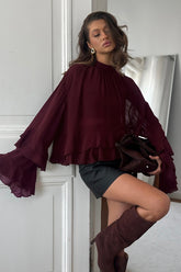 Brown Chiffon Ruffle Flare Blouse