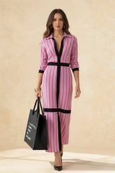 Striped Lapel Button Long Sleeve Shirt Dress