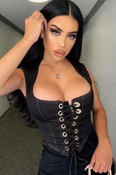 Denim Tie Front Cut Out Tank Top