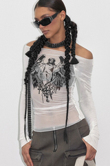 Slim Printed One Shoulder Mesh Knit Sheer Crop Top