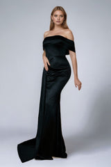 Solid Satin Off-Shoulder Strapless High Waist Formal Dress