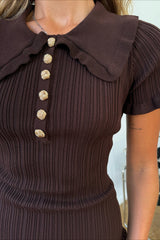 Fitted Peter Pan Collar Short-Sleeve Cable-Knit Sweater Dress