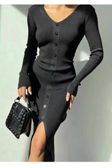 Elegant V Neck Knit Slit Midi Bodycon Dress