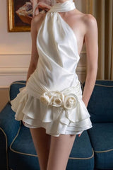 French Satin Off Shoulder Backless Graduation Party Dress