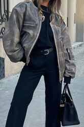 Faux Leather Zipper Bomber Jacket