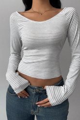 Striped Deep U Neck Ribbed Long Sleeve Knit Crop Top