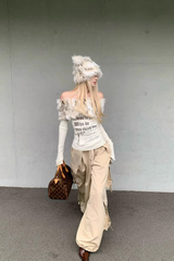 Vintage Printed Off Shoulder Fuzzy Collar Sexy Crop Top