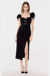 Square Neck Bow Feather Bandage Birthday Dress