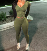 Sporty Zip Hooded Two Piece Pants Set