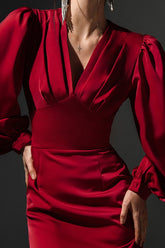 Luxury Satin Puff Sleeve Red Mermaid Midi Formal Dress