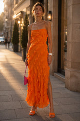 Off Shoulder Ruffle Split Hem Slip Dress