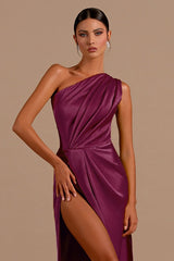 Sexy One Shoulder High Slit Satin Formal Dress