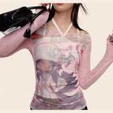 Y2K Patchwork Mesh Long Sleeve Sheer Top