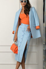 Striped Lapel Long Sleeve Blazer Split Bodycon Two Piece Set