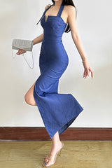 Halter Split Maxi Denim Dress