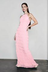 Open Back Ruched Stripe Tie Ruffle Maxi Vacation Dress