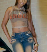 Y2K Letter Print Mesh Sheer Top