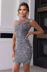 Bodycon One Shoulder Sequin Mid Waist Cocktail Dress