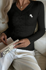 Embroidered Cable Knit V Neck Sweater