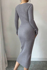Knitted V-Neck Long-Sleeve Buttoned Sweater Dress