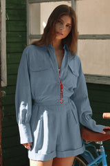 Cotton Linen Long Sleeve Slim Fit Waist Short Jumpsuit