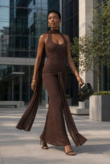 Silver Ribbon Backless Waist Cinch Maxi Bodycon Dress