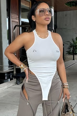 Sexy Crew Neck Cutout 3D Embellished Slim Bodysuit